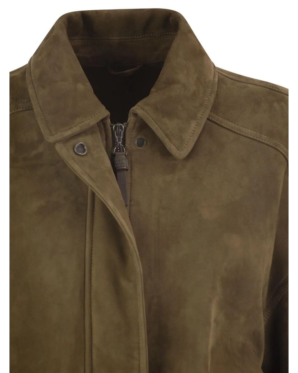 Brunello Cucinelli Green Suede Leather Bomber Jacket