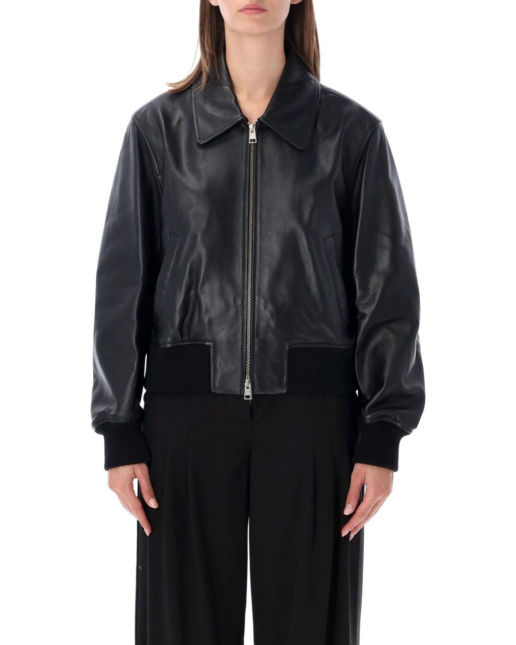 AMI Black Leather Bomber Jacket