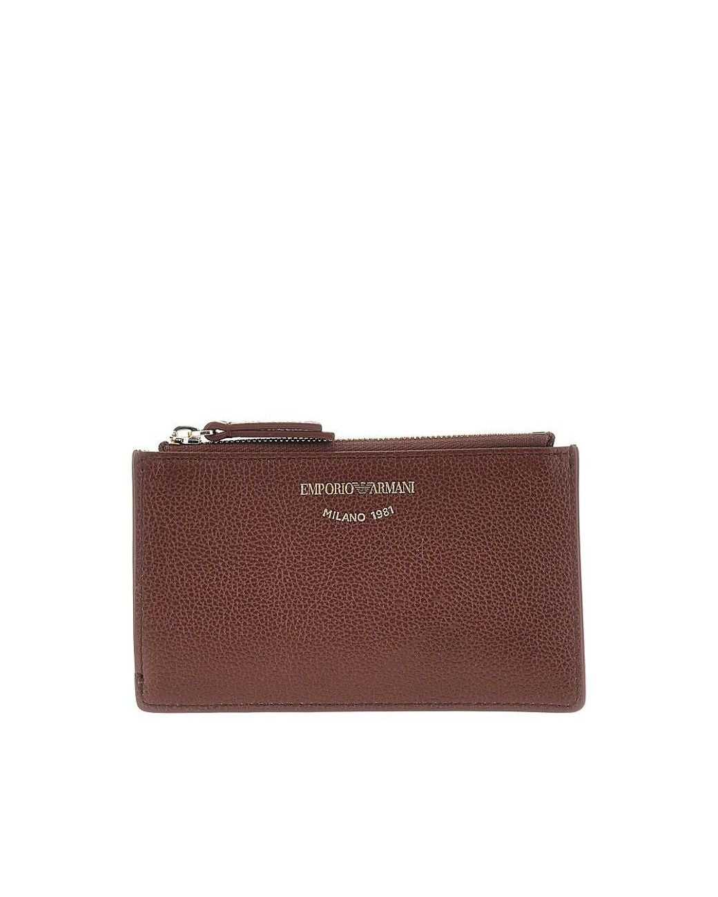 Emporio Armani Brown Grained Leather Card Holder With Logo