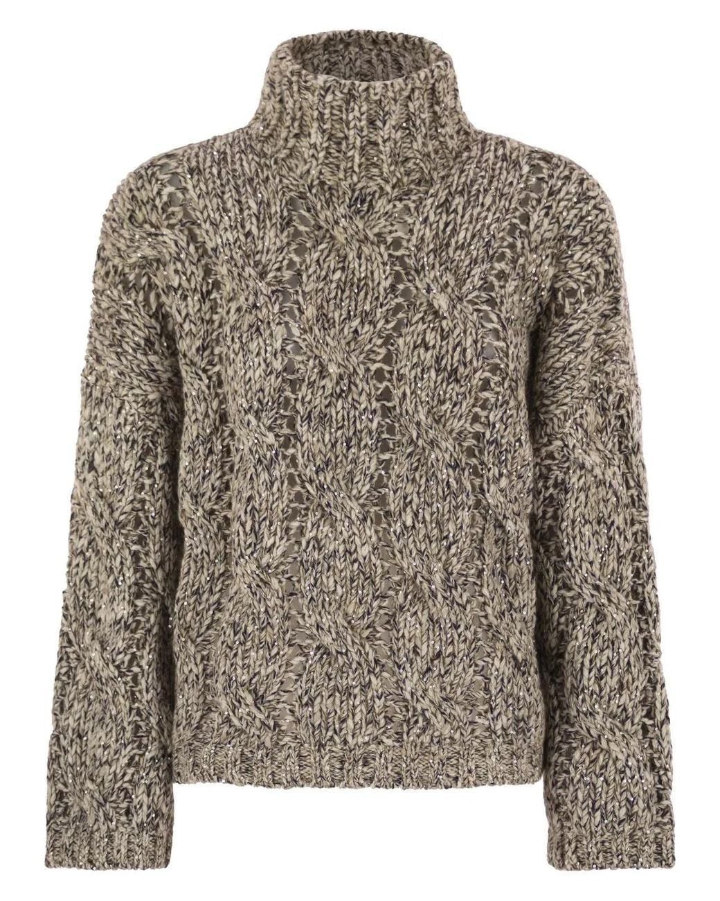 Brunello Cucinelli Brown Soft Wool, Cashmere And Mohair Turtleneck Sweater With Braided Design