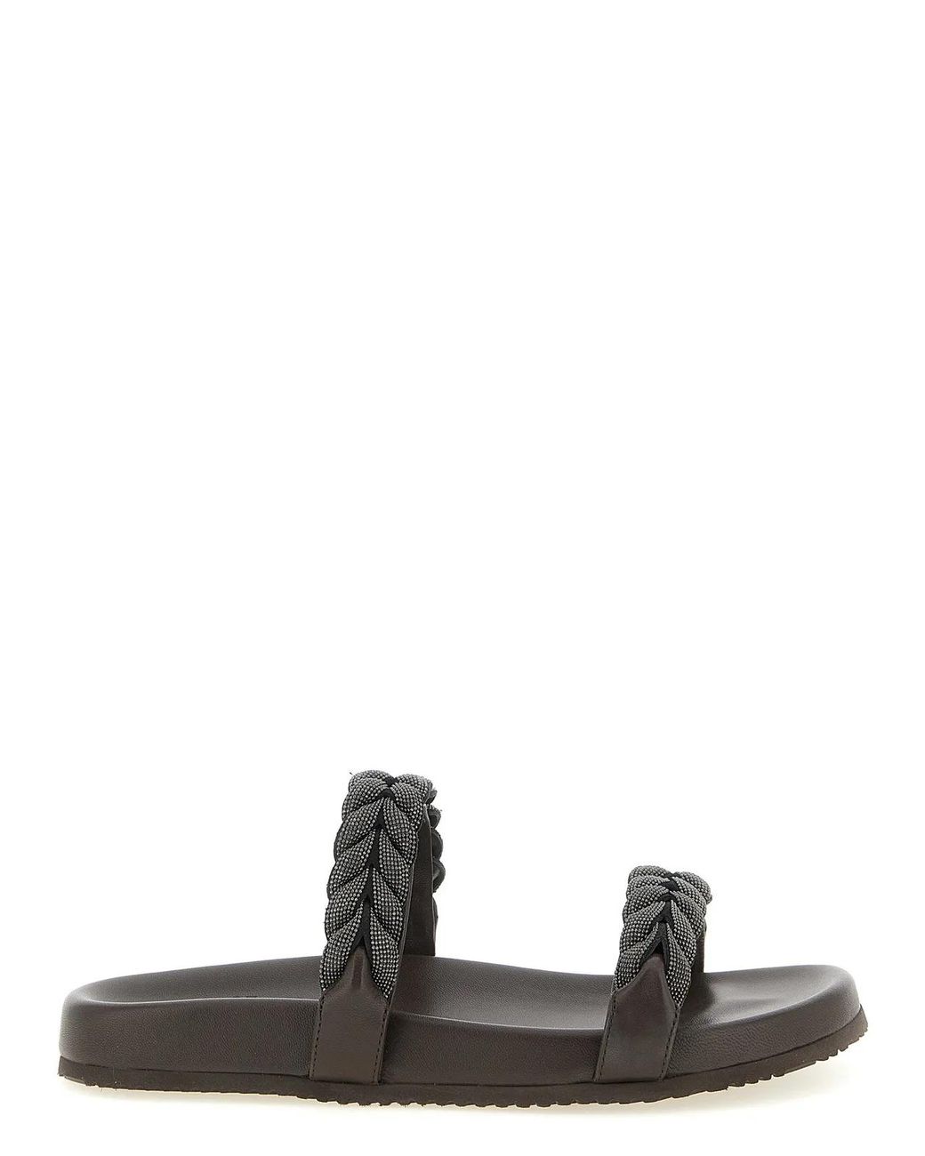 Brunello Cucinelli Black Leather Slides Shoe