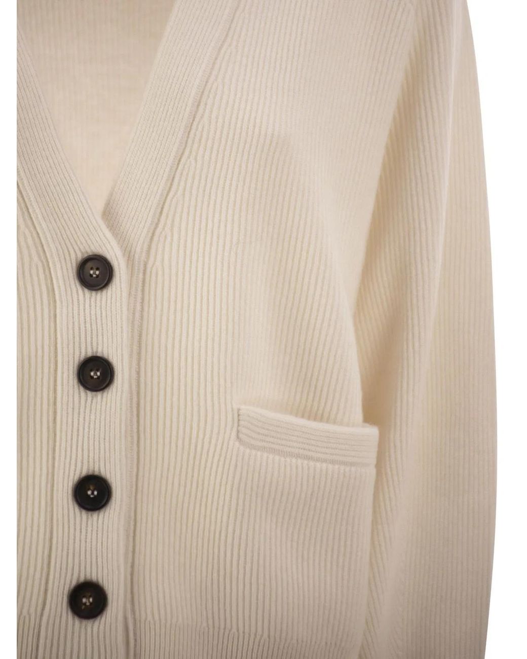 Brunello Cucinelli Natural Ribbed Cashmere V-Neck Cardigan