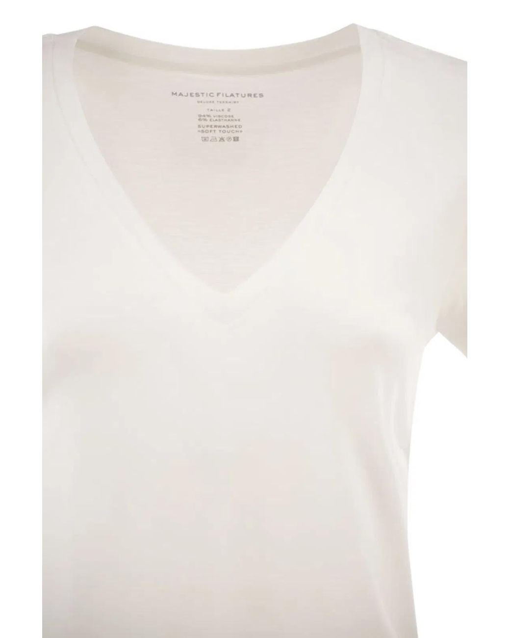 Majestic White Stretch Viscose T-Shirt With V-Neck