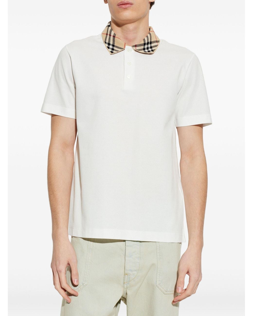 Burberry White Check-Collar Polo Shirt for men
