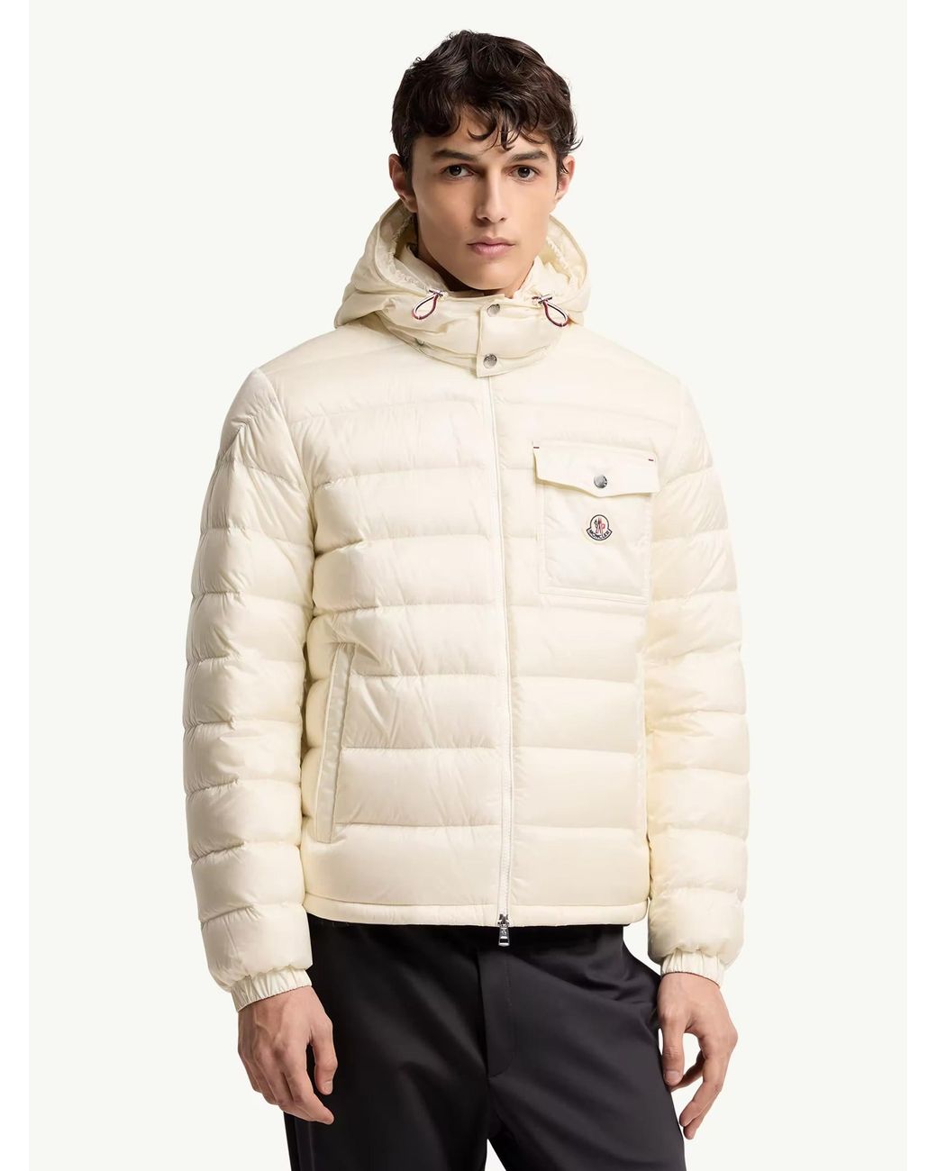 Moncler Natural Quilted Nylon Down Jacket With Detachable Hood, Zip Pockets & Tricolor Accent (Size 3) for men