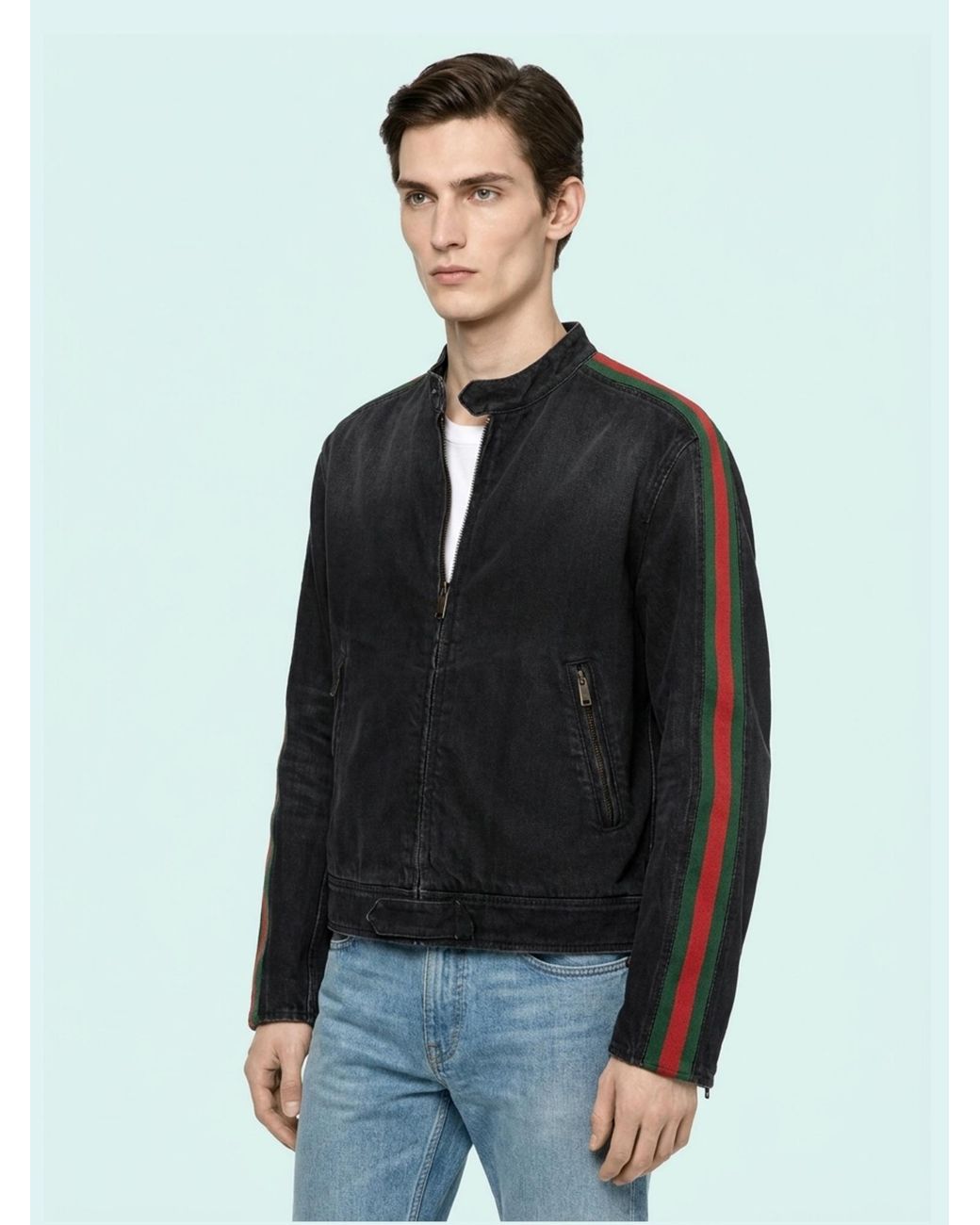 Gucci Black Web Cotton Denim Biker Jacket for men