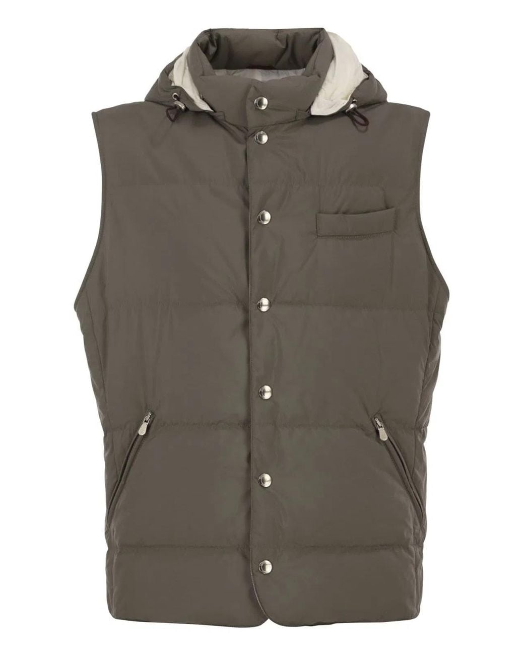 Brunello Cucinelli Brown Padded Hooded Gilet for men