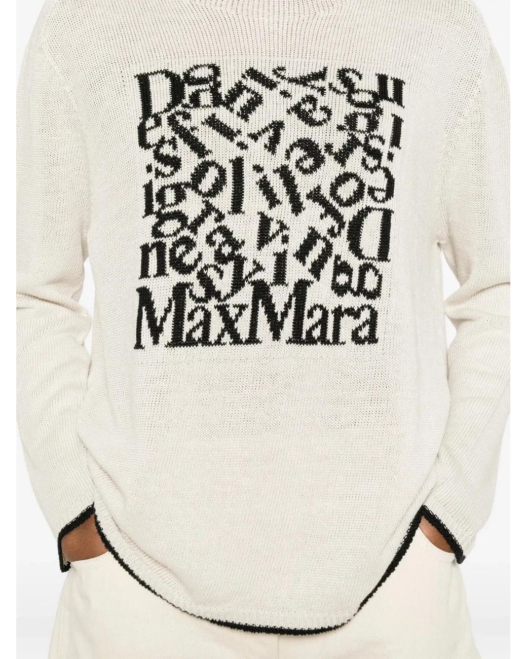 Max Mara White Embroidered Front Linen Sweater With Contrasting Trim