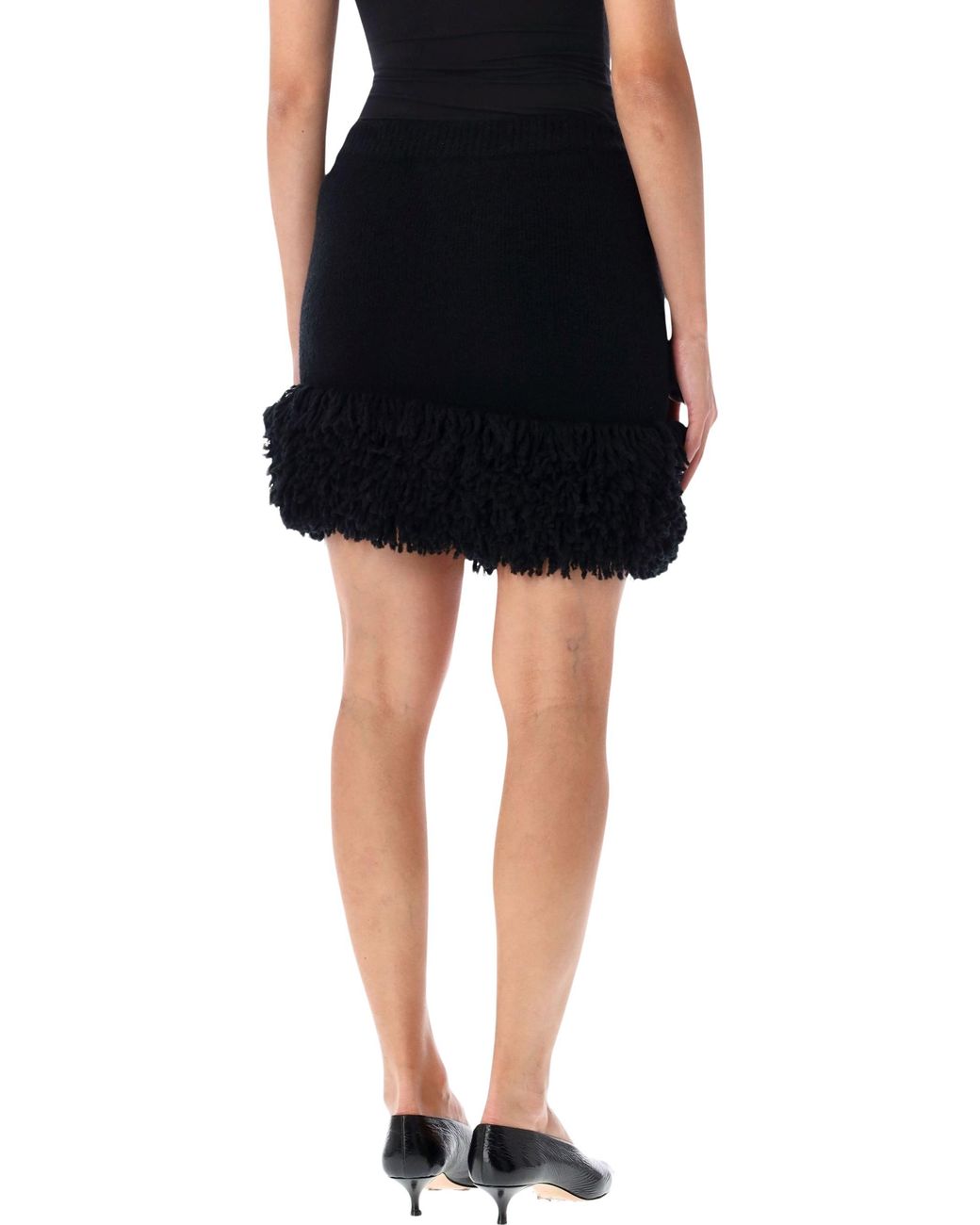 Loewe Black Mini Wool Blend Skirt With Fringe Hem