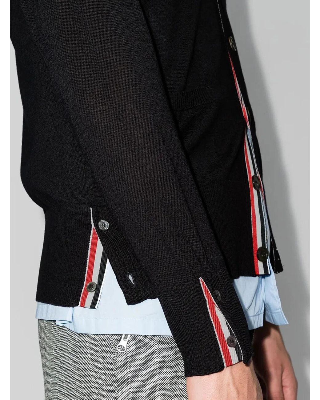 Thom Browne Black Cardigan Laine Mérinos Gris Chiné Col V Bandes Manche