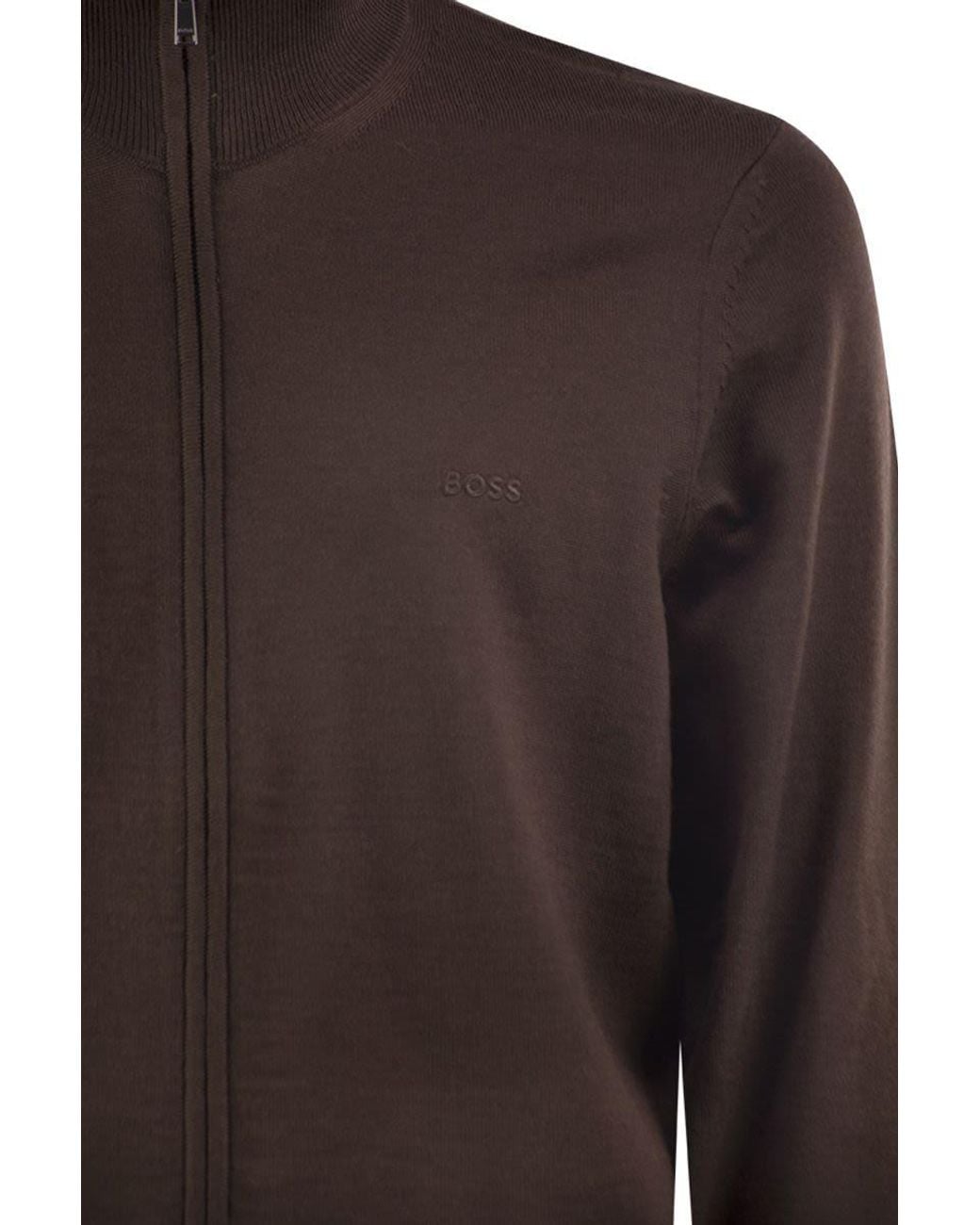 Boss Brown Pure Virgin Wool Zip-Up Cardigan for men