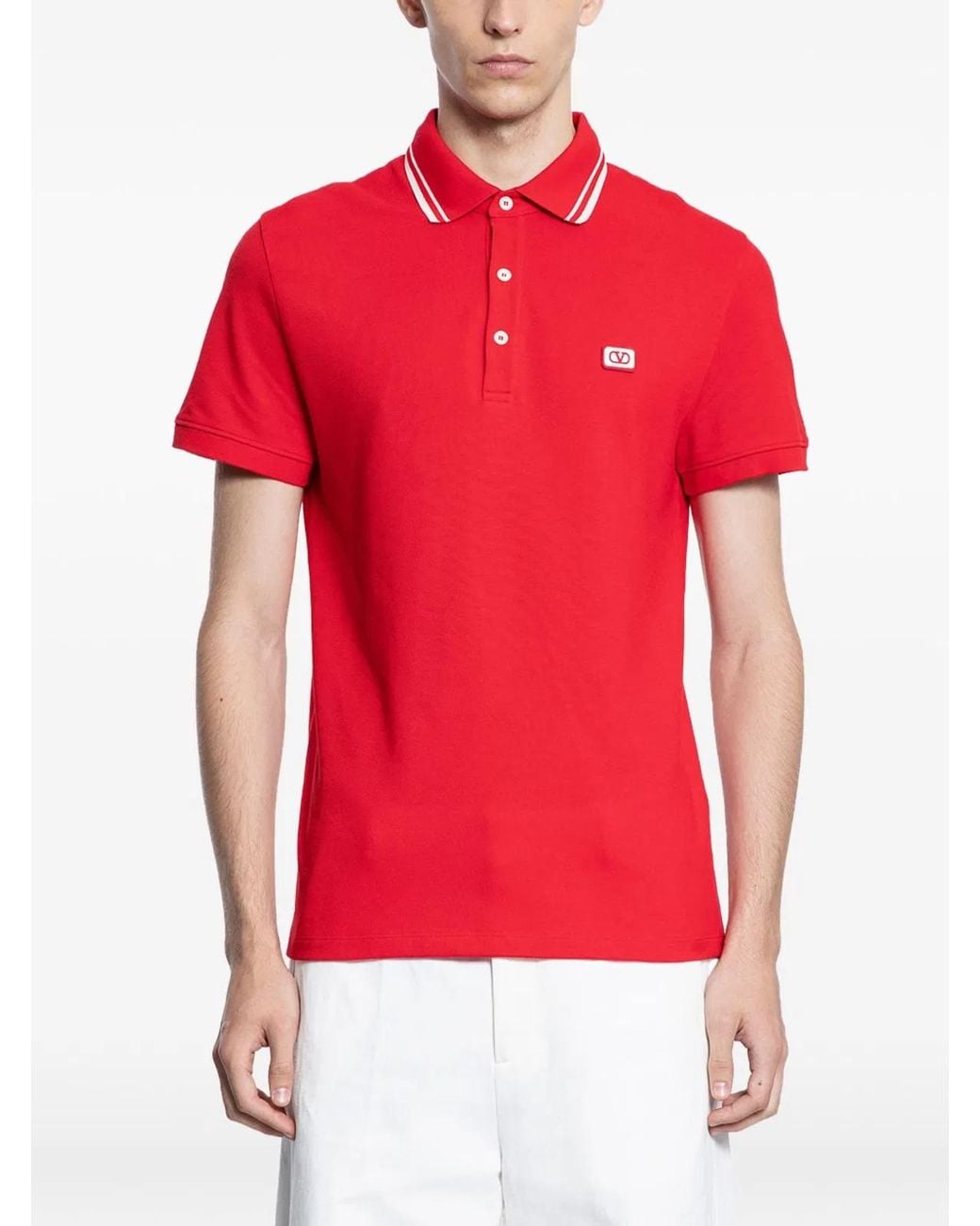 Valentino Garavani Red Cotton Piqué Polo Shirt With Vlogo Patch for men