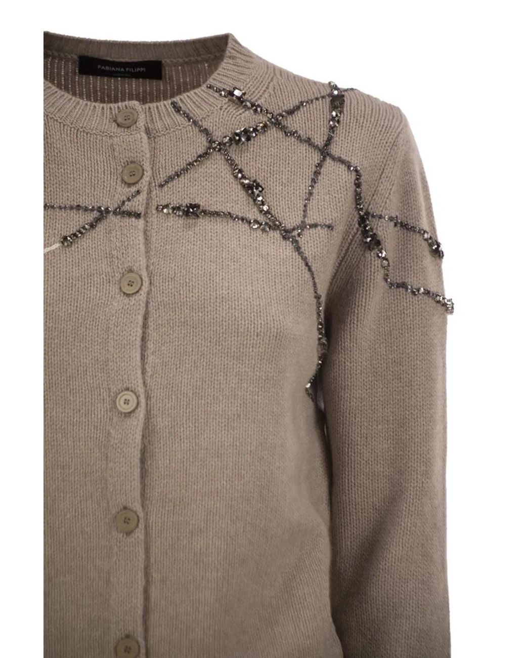 Fabiana Filippi Brown Virgin Wool, Silk And Cashmere Cardigan With Jewel Embroidery