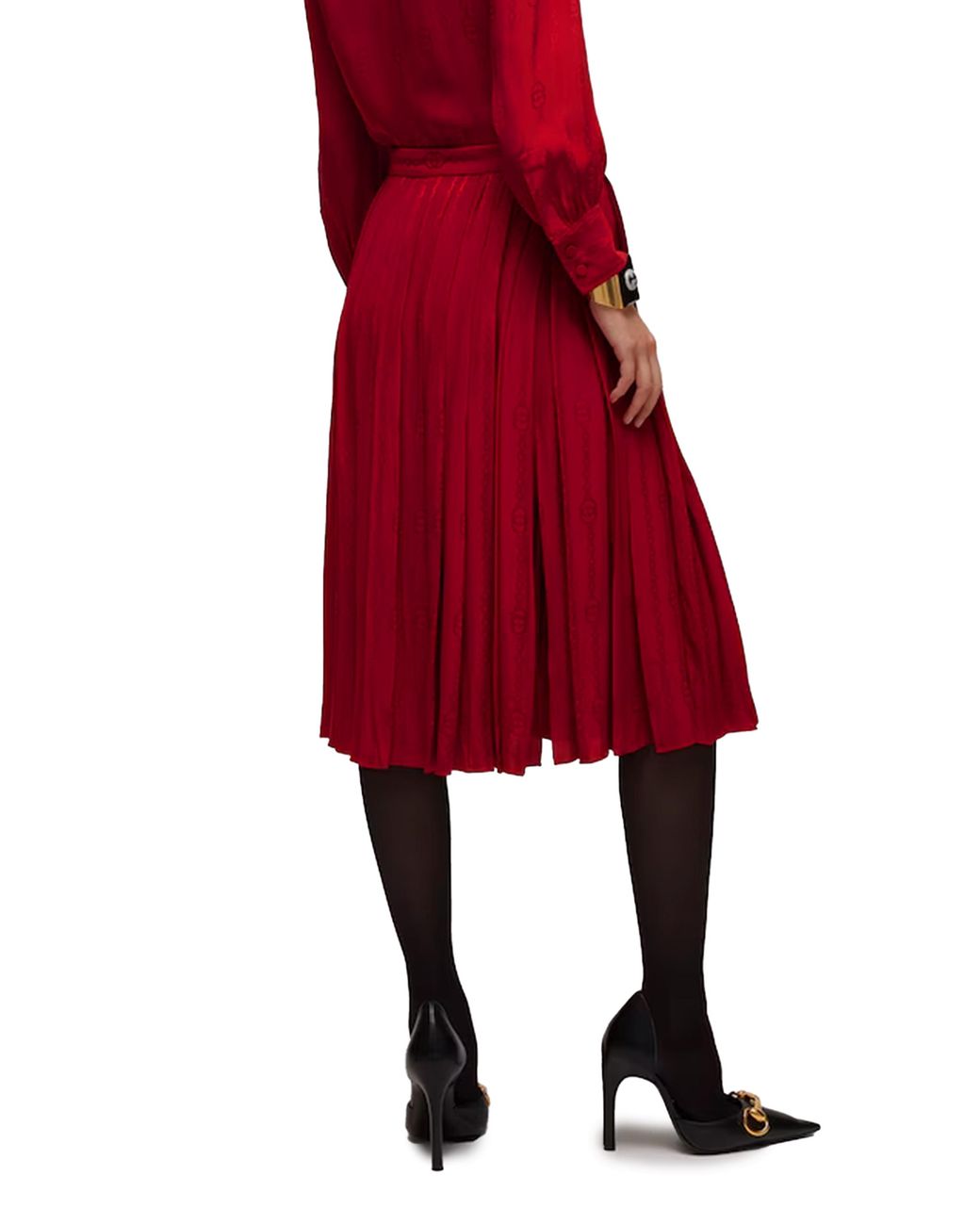 Gucci Red Interlocking G Chain Silk Jacquard Midi Skirt