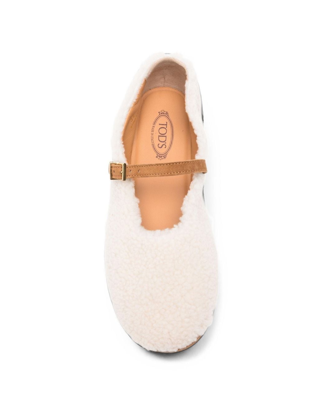 Tod's White Buckle-Strap Shearling Ballet Flats