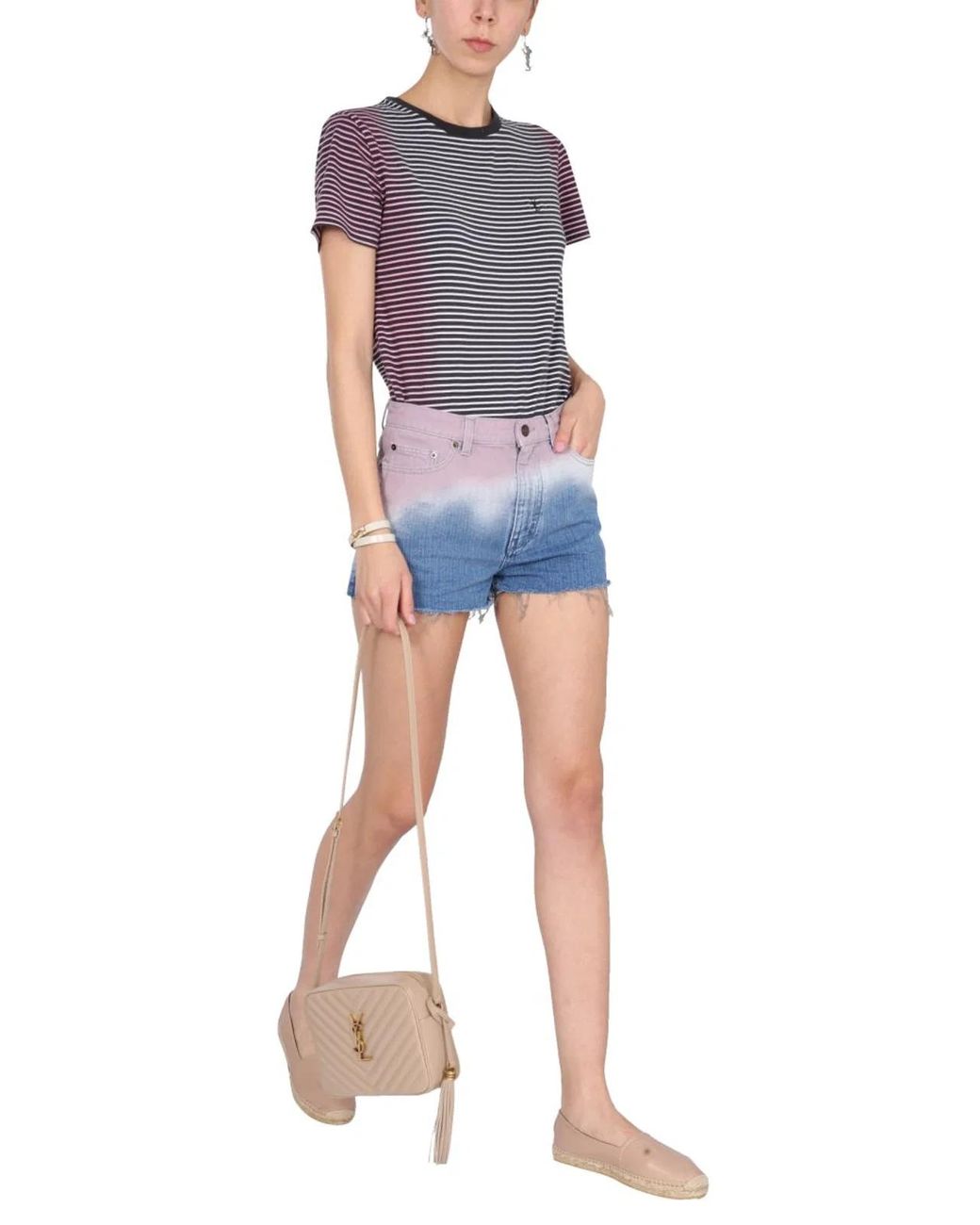 Saint Laurent Blue Cotton Denim Shorts With Tie Dye Print