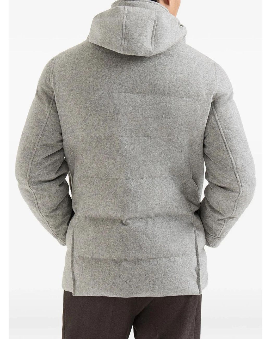 Brunello Cucinelli Gray Bonded Wool Flannel Down Parka With Detachable Hood for men