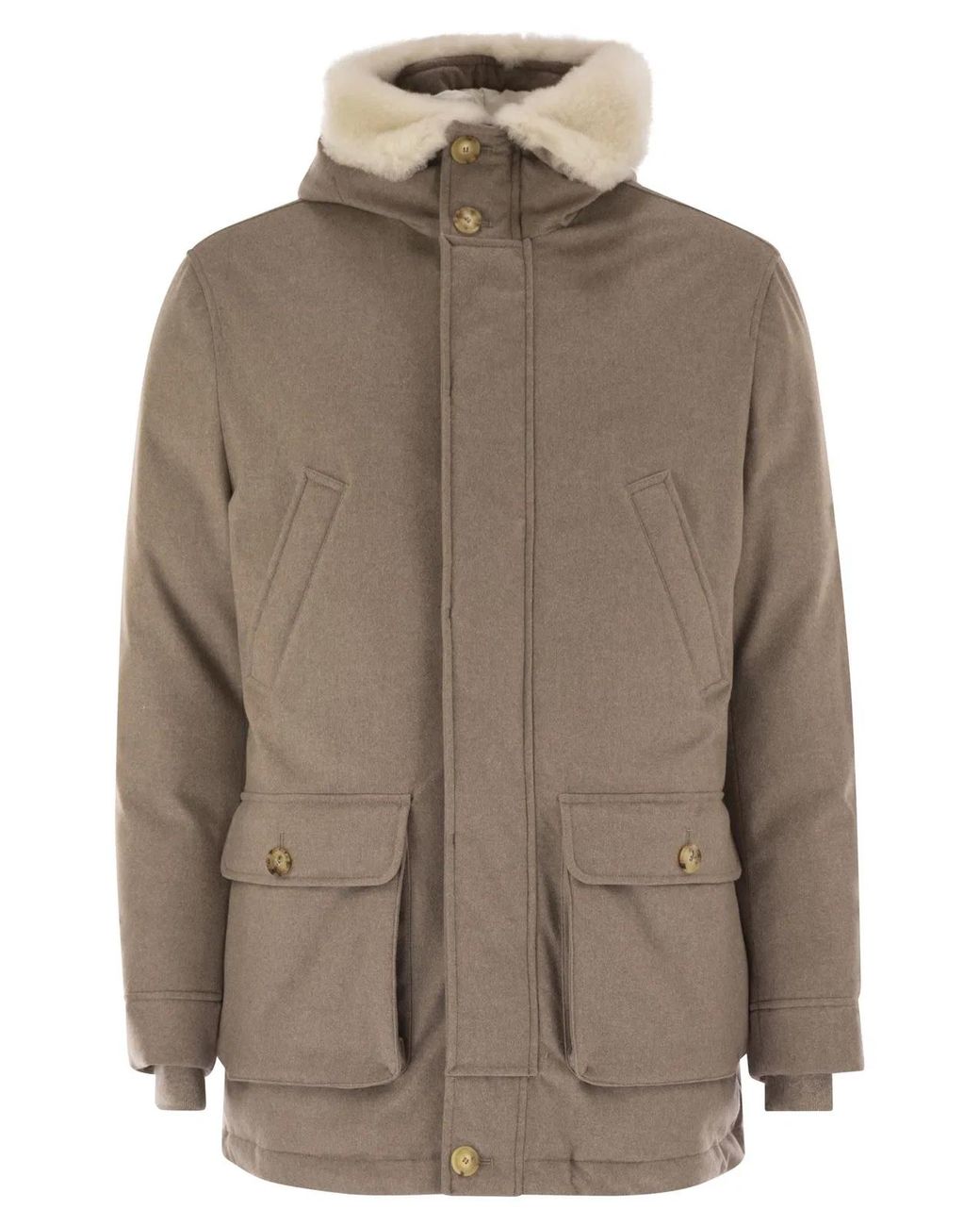 Brunello Cucinelli Brown Wool Coat With Fur Collar for men