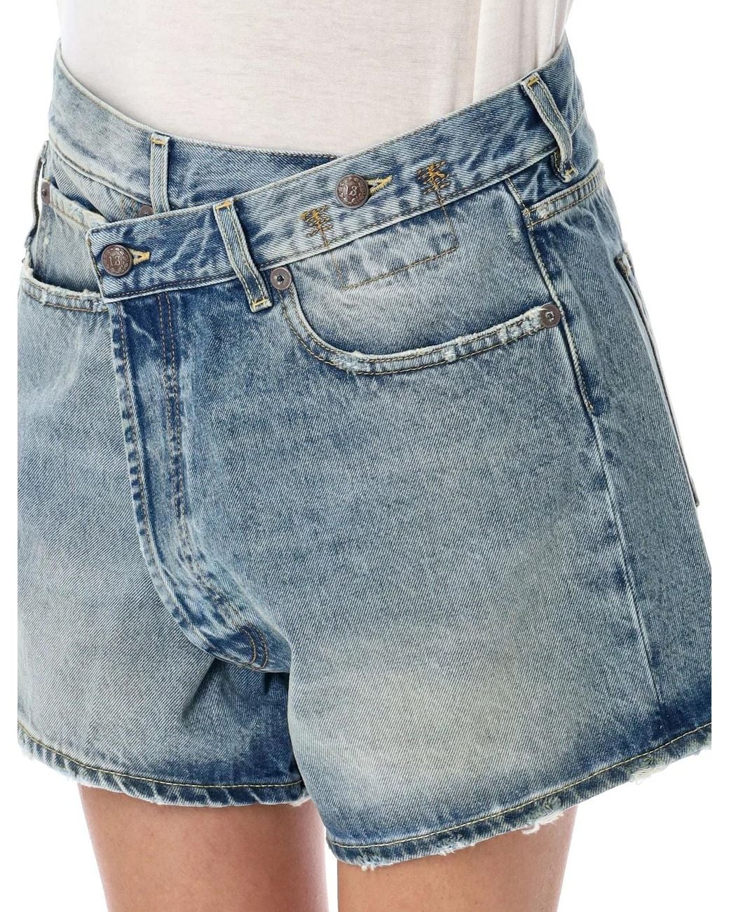 R13 Blue Crossover Denim Shorts Distressed