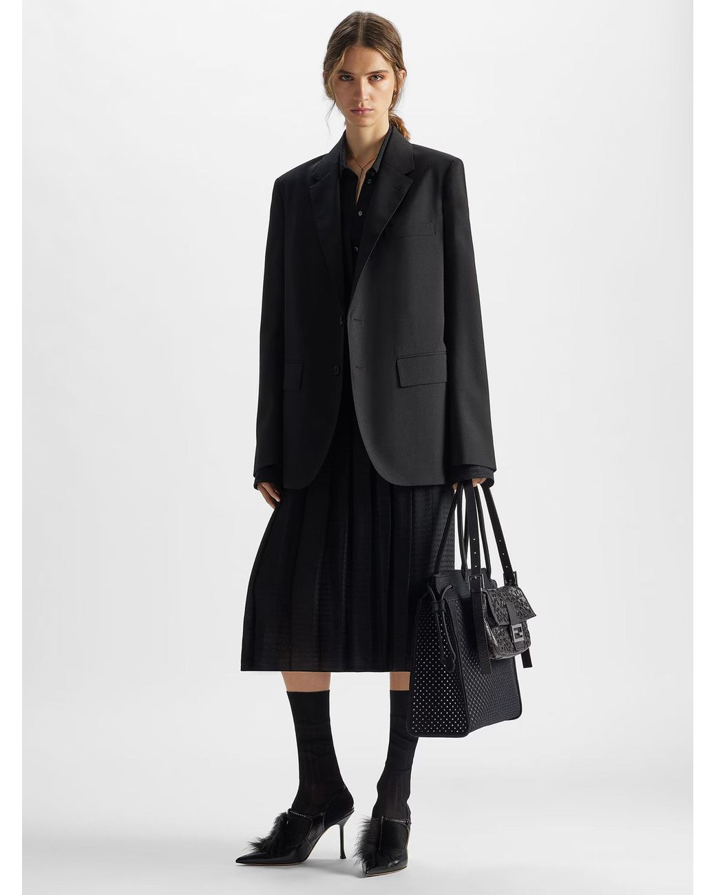 Fendi Black Pleated Zigzag-Pattern Midi Dress