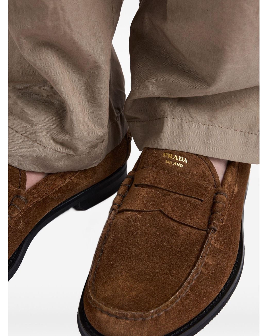 Prada Brown Aged-Effect Suede Loafers for men