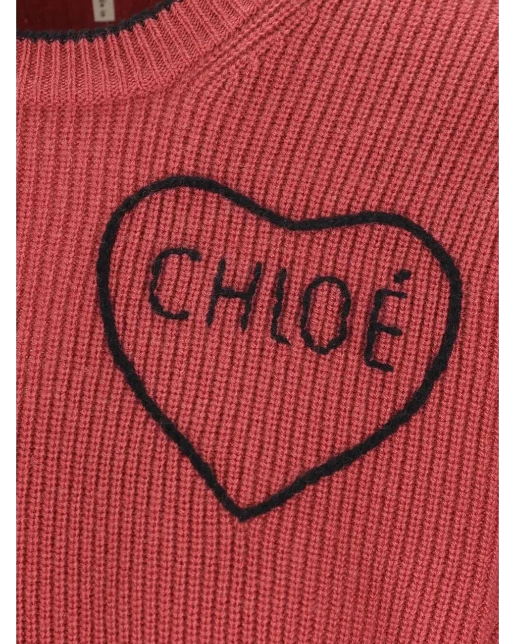 Chloé Red Cropped Fitted Wool Knit Logo Sweater