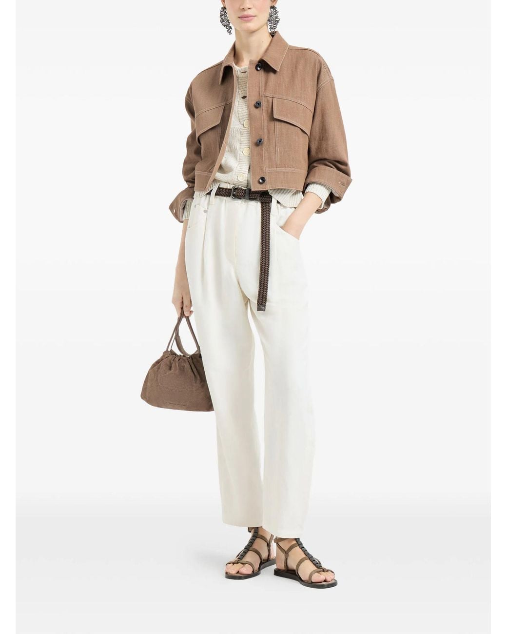 Brunello Cucinelli White Long-Sleeve Crewneck Cotton Sweater