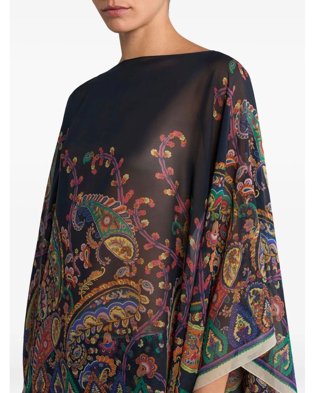 Etro Black Silk Poncho Top With Placed Floral Paisley Print