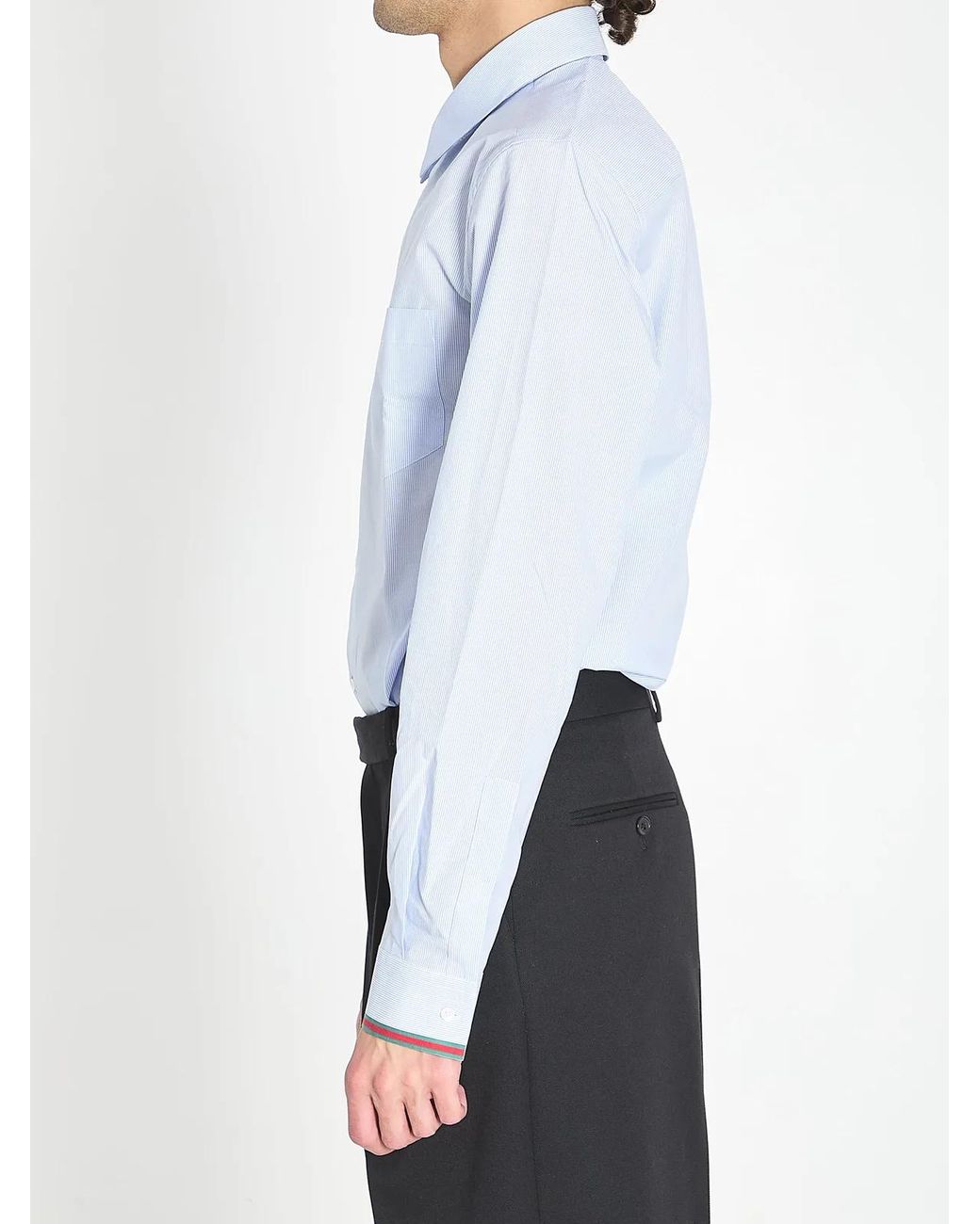Gucci Blue Cotton Striped Shirt With Web for men