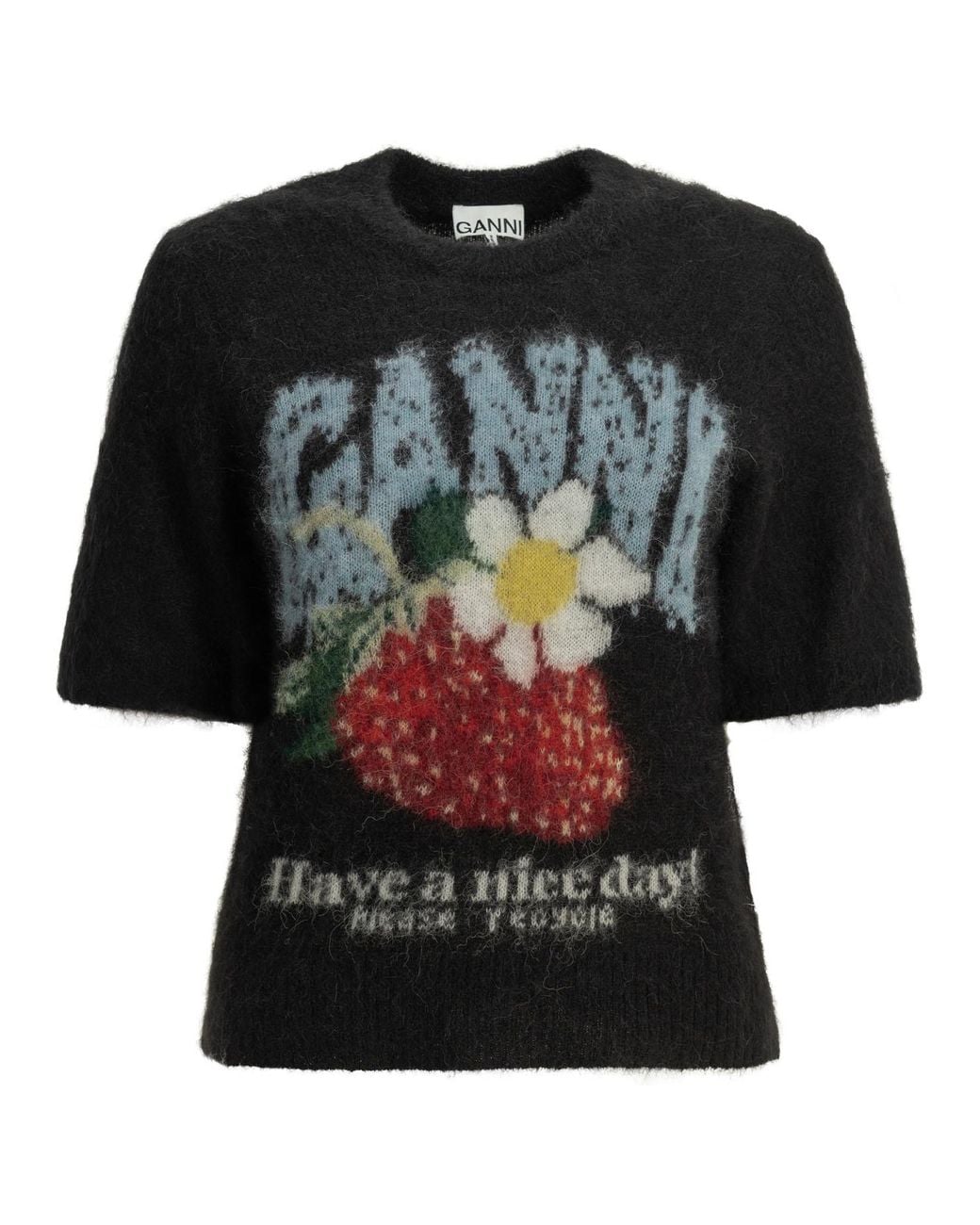 Ganni Black Alpaca Polyamide Wool T-Shirt
