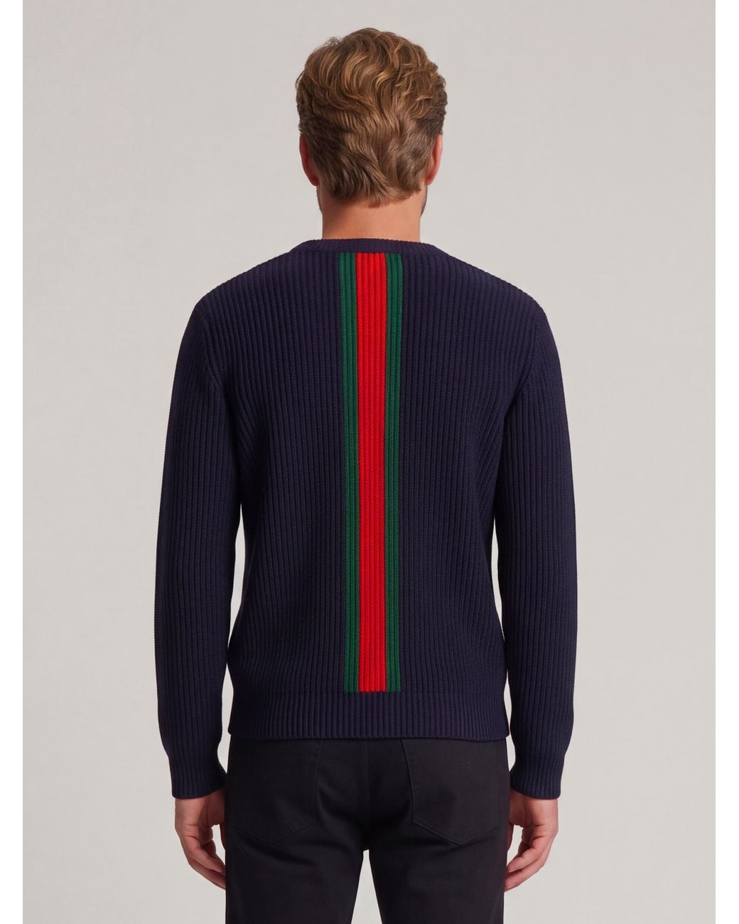 Gucci Blue Fine Ribbed Wool Sweater With Web for men