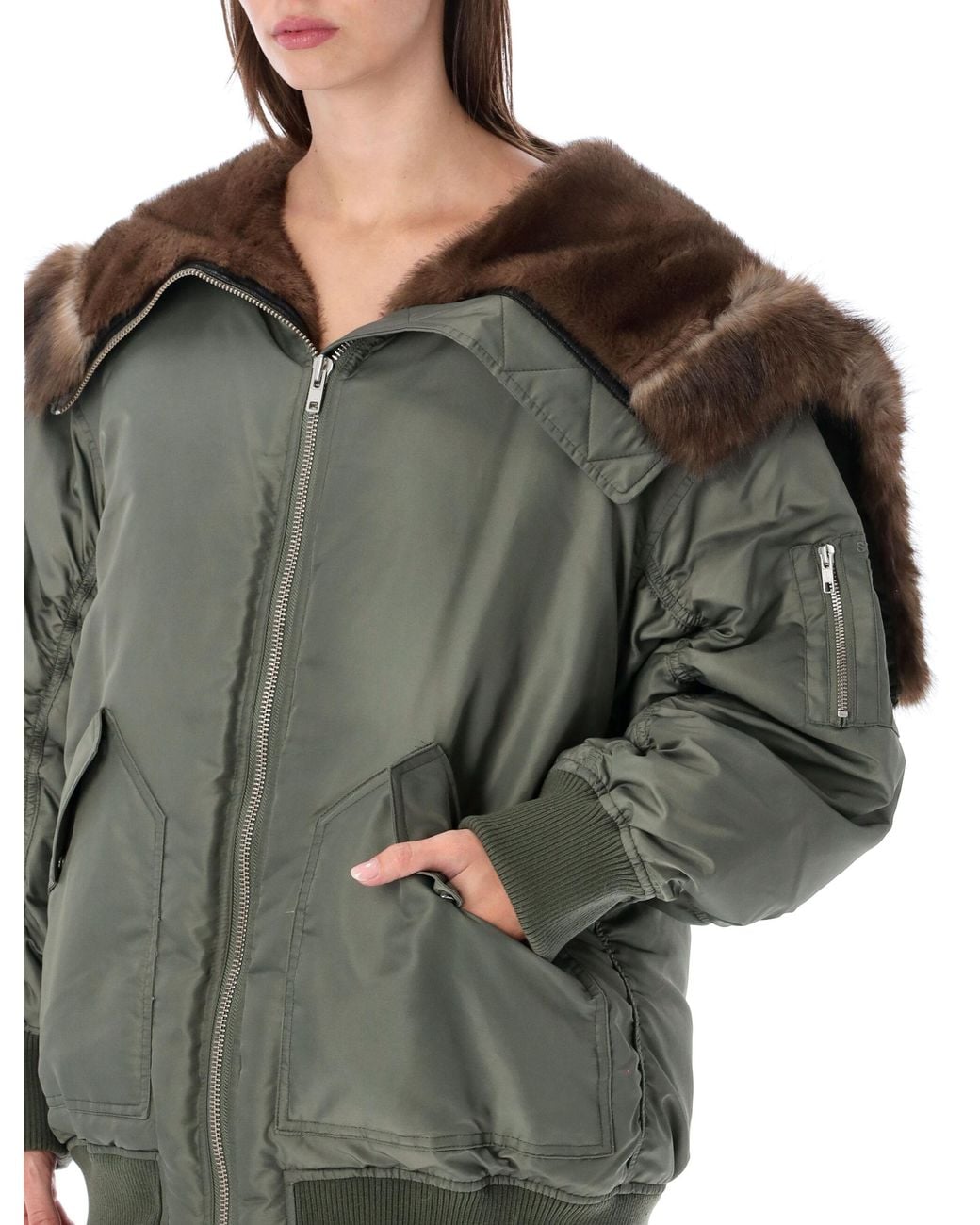 Stand Studio Green Hooded Faux Fur Trim Bomber Jacket