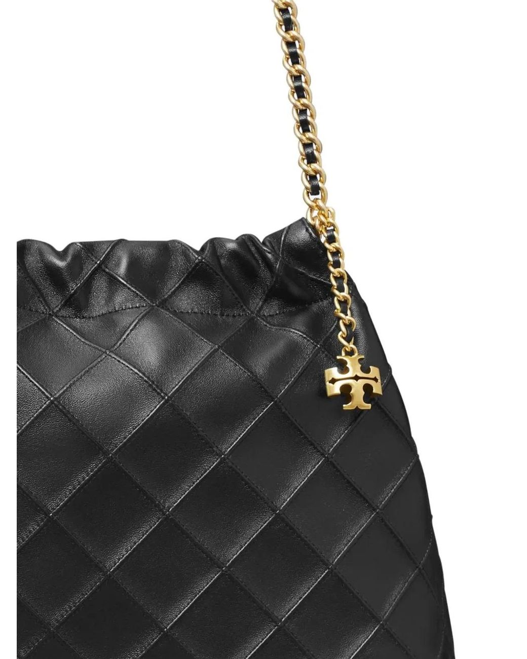 Tory Burch Black Fleming Quilted Lambskin Leather Shoulder Bag With Logo