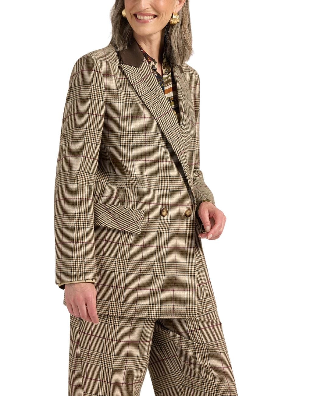 Elena Miro Natural Double-Breasted Prince Of Wales Blazer