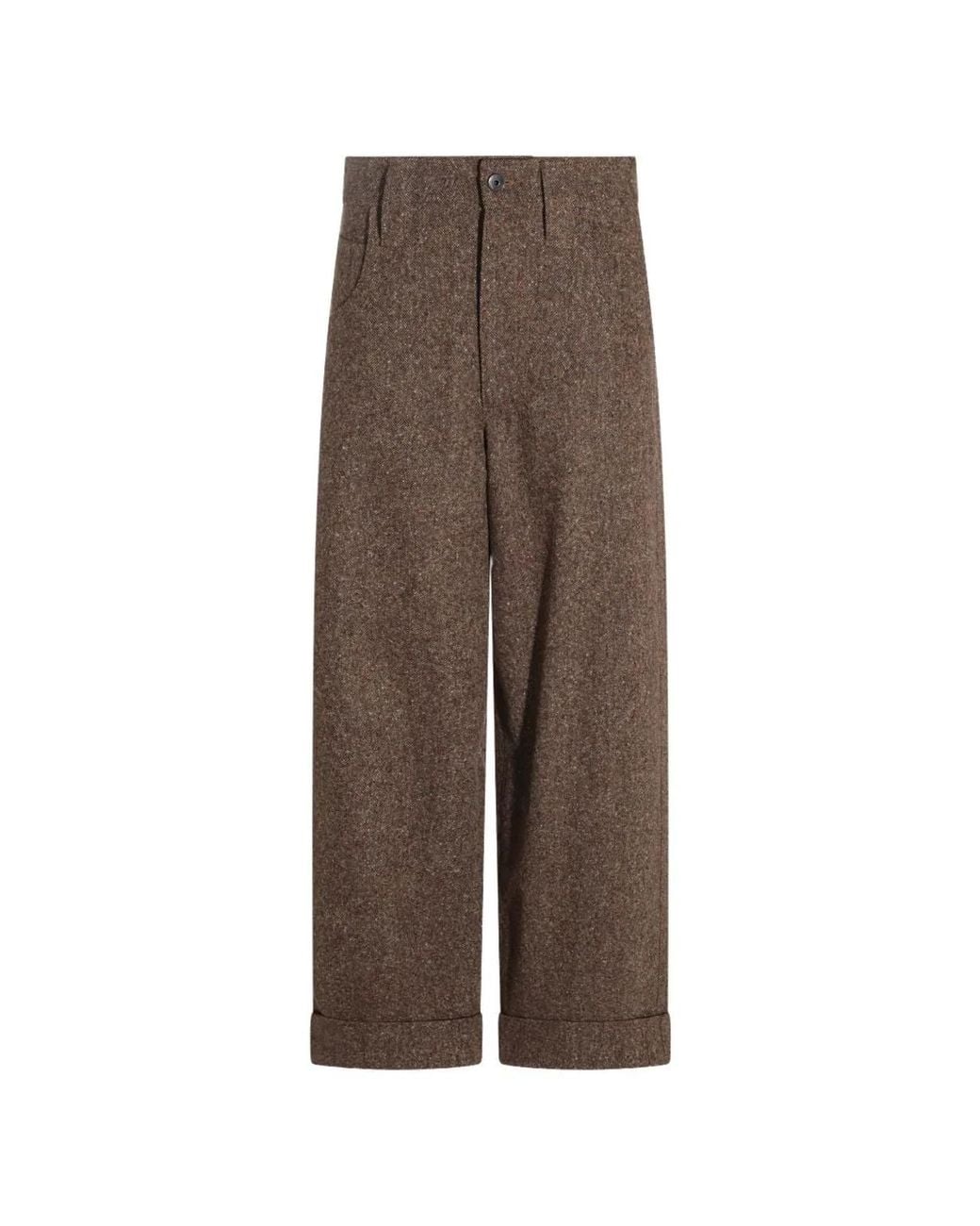 Brunello Cucinelli Brown Wool-Blend Tweed Wide-Leg Trousers Featuring Turn-Up Hems And Monili Chain Detail
