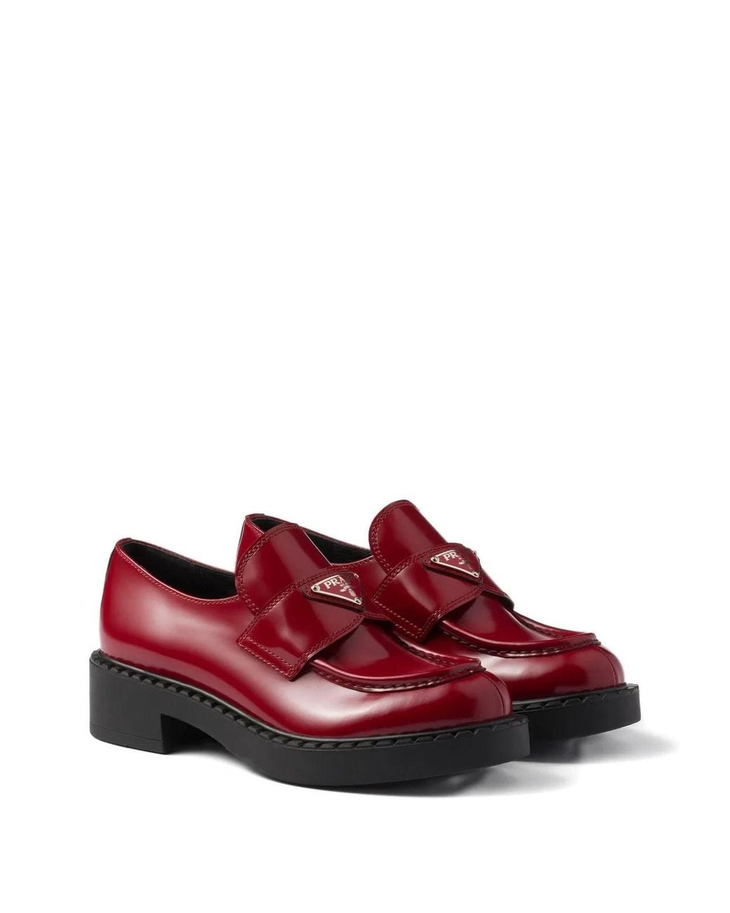Prada Red Chocolate Leather Logo Loafers