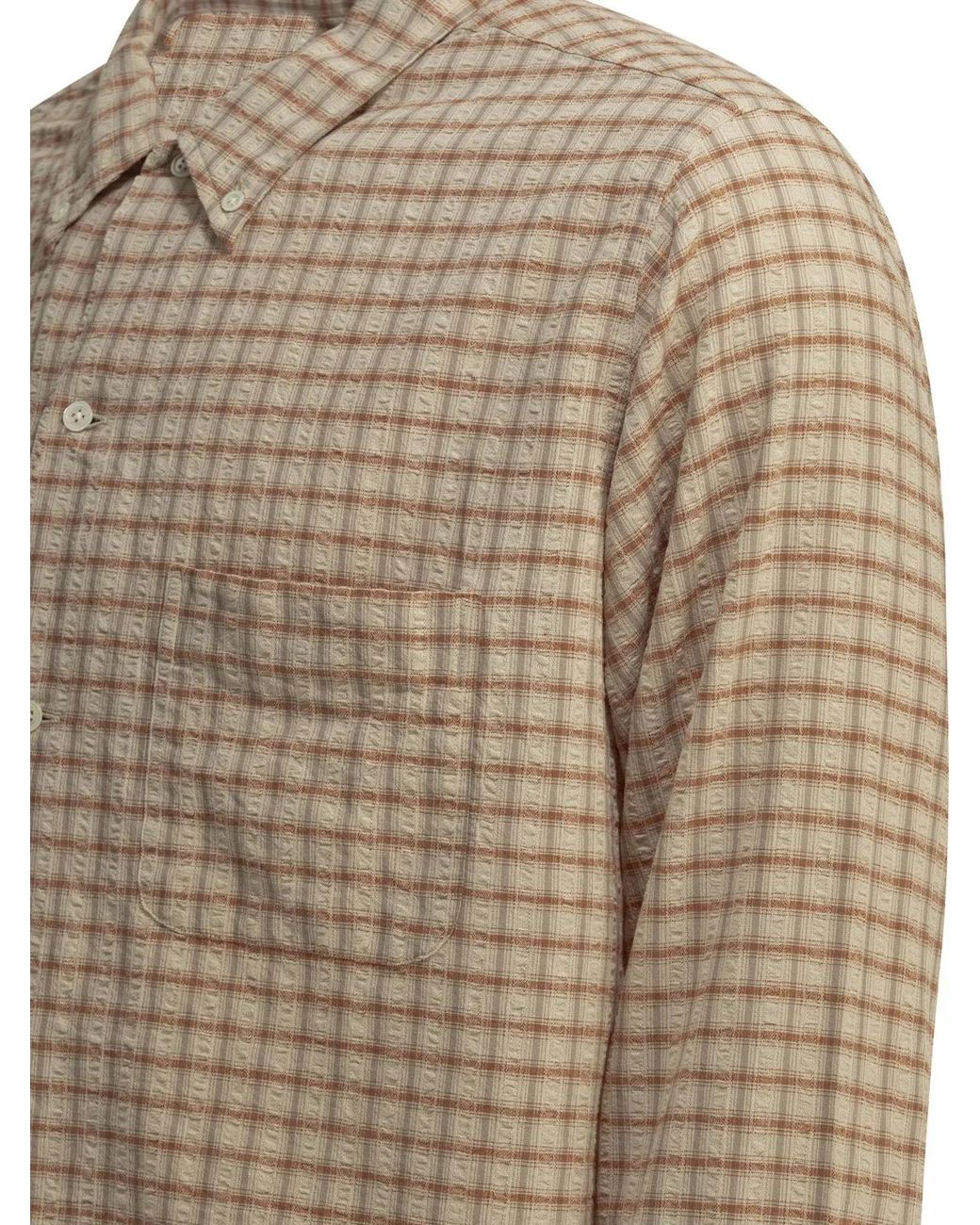 Beams Plus Brown Open Bd Sucker Cotton Linen Casual Shirt for men
