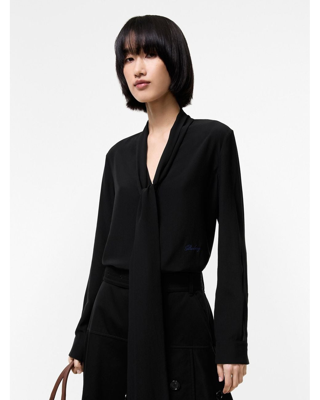 Burberry Black Silk Blouse With Embroidered Logo And Scarf Detail
