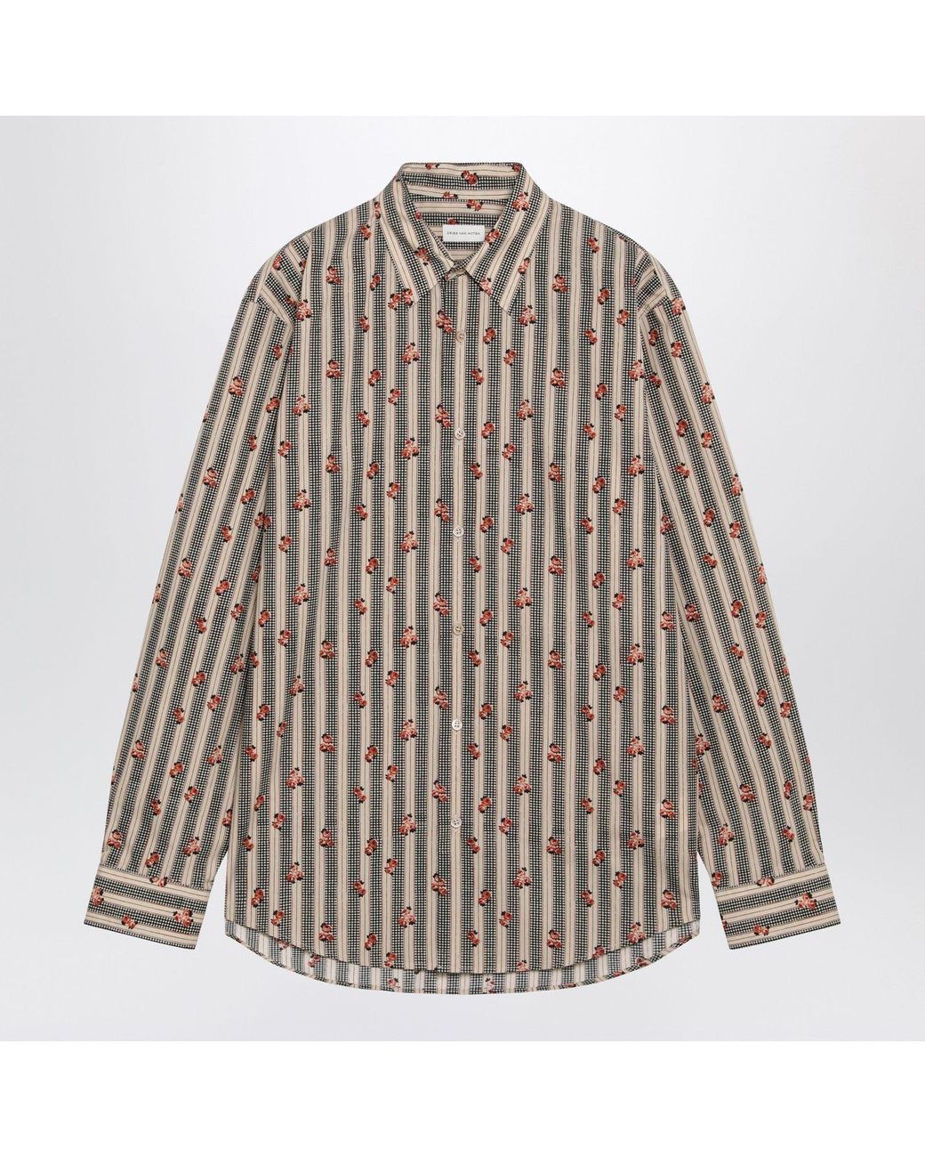 Dries Van Noten Gray Striped Cotton Shirt With Floral Print for men