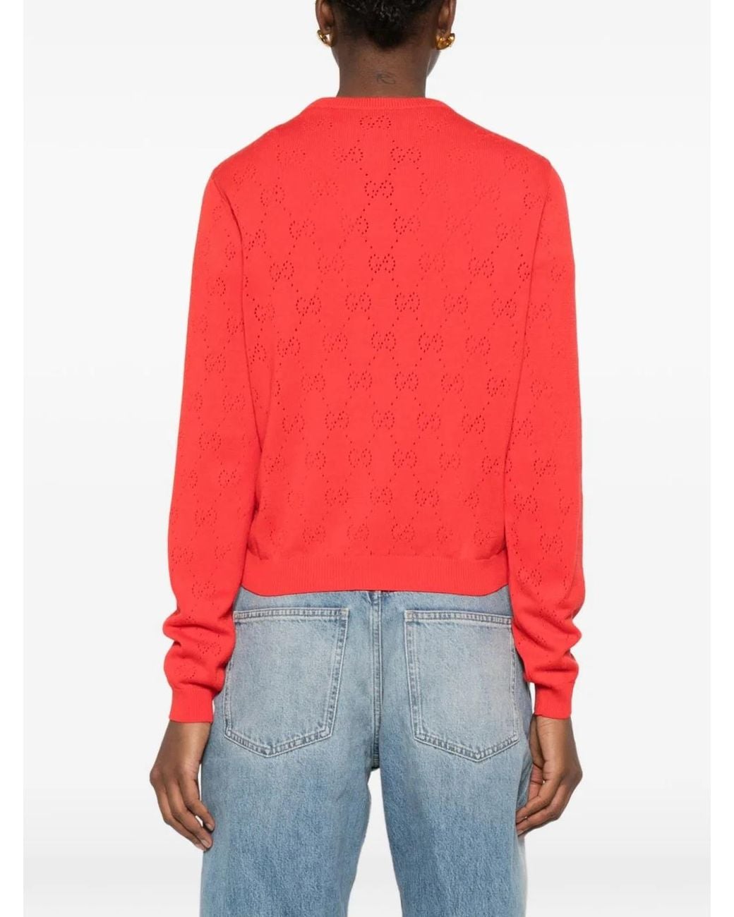 Gucci Red Cotton Monogram Cardigan With Perforations