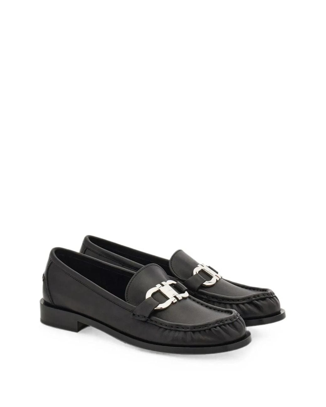 Ferragamo Black Leather Loafers With-Tone Metal Bit Detail