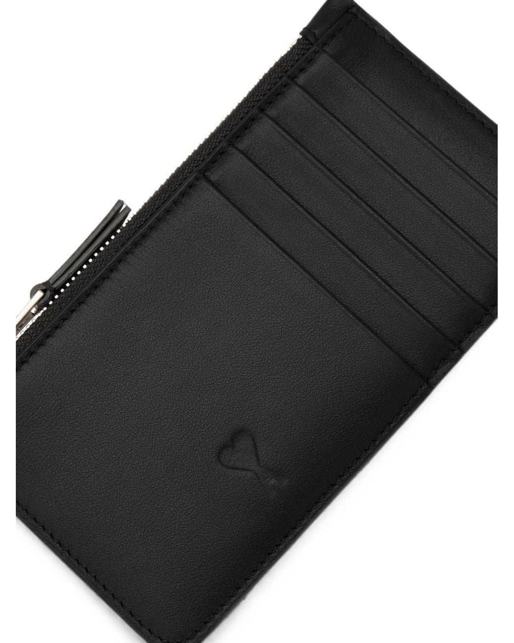 AMI Black Zipped Cowhide Leather Card Holder With Ami De Coeur for men