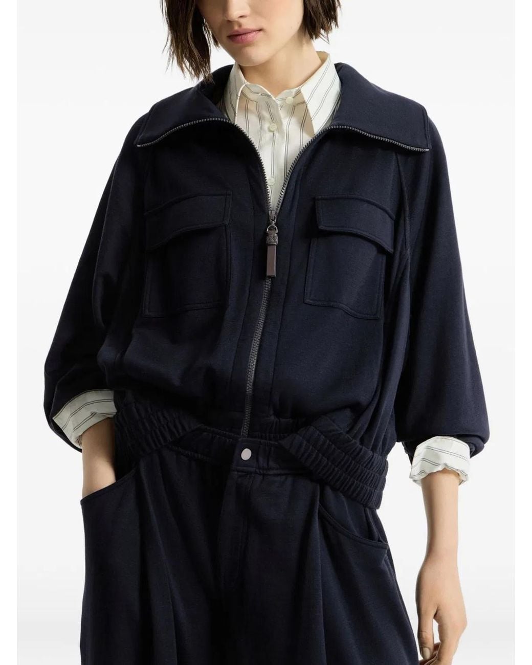 Brunello Cucinelli Blue Cotton-Silk Interlock Cardigan Featuring Patch Pockets And A Signature Monili Zipper Pull