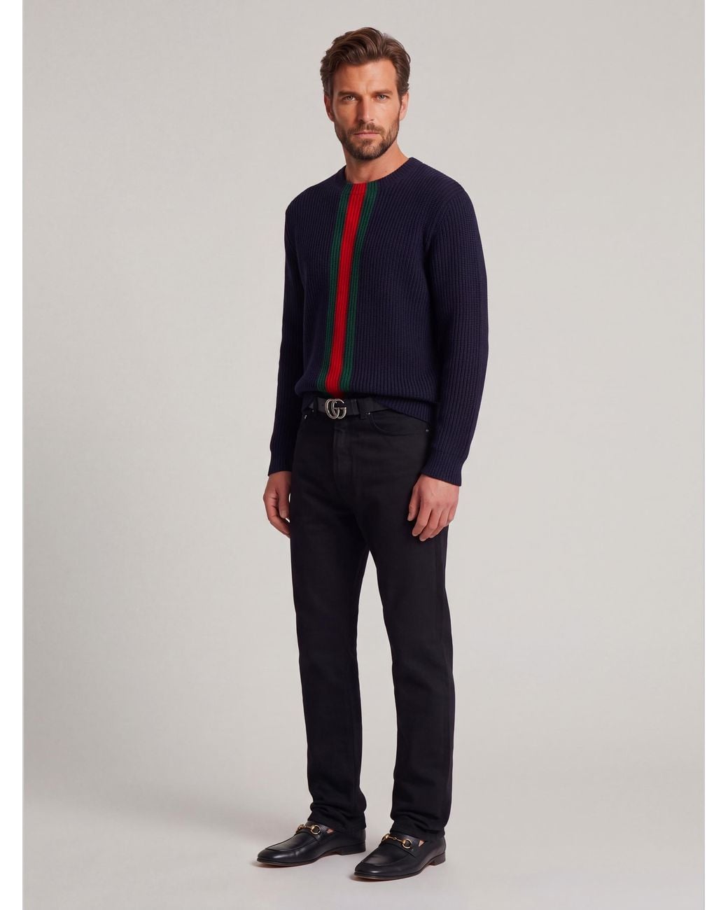 Gucci Blue Fine Ribbed Wool Sweater With Web for men