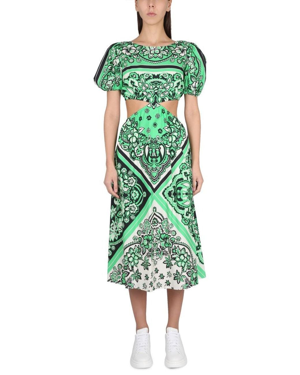 A green bandana print dress with a classic design