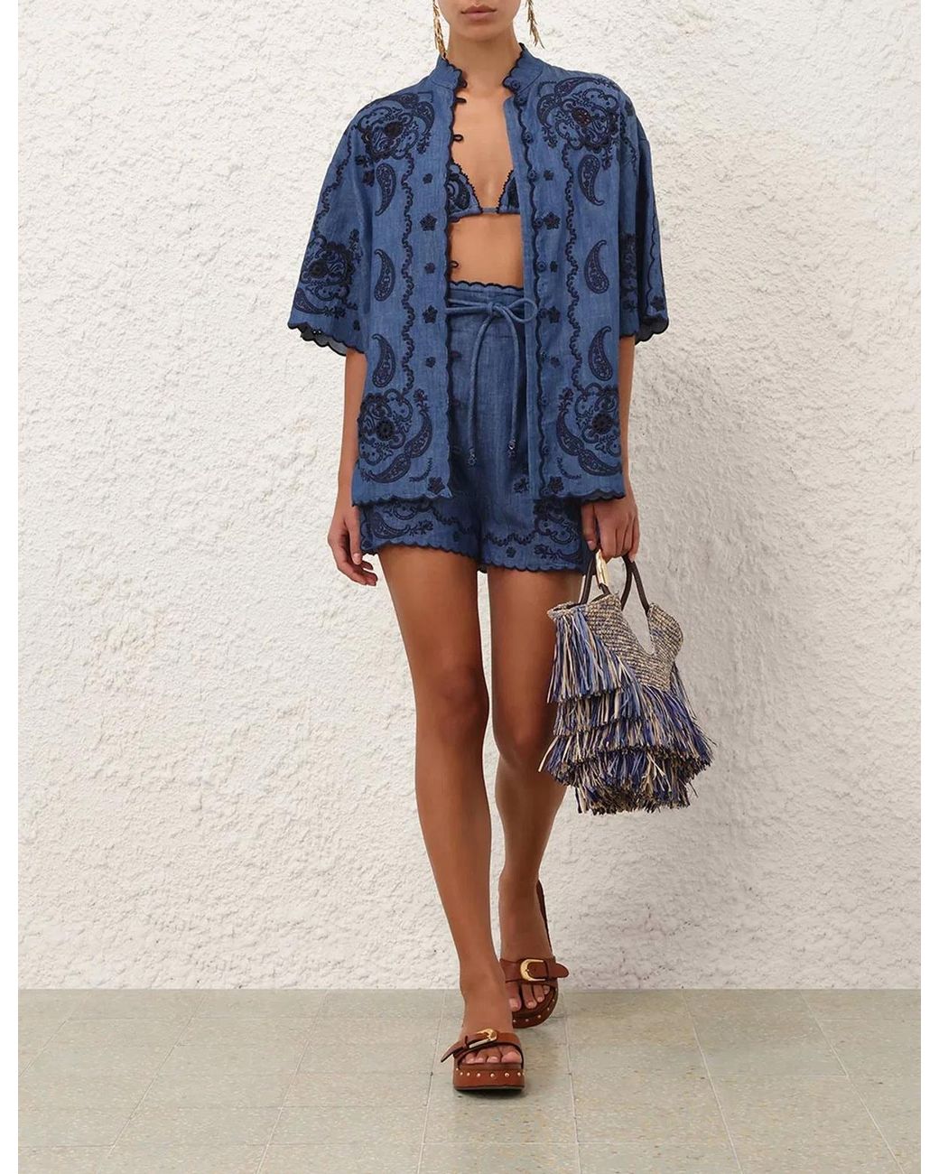 Zimmermann Blue Aster Embroidered Denim Short