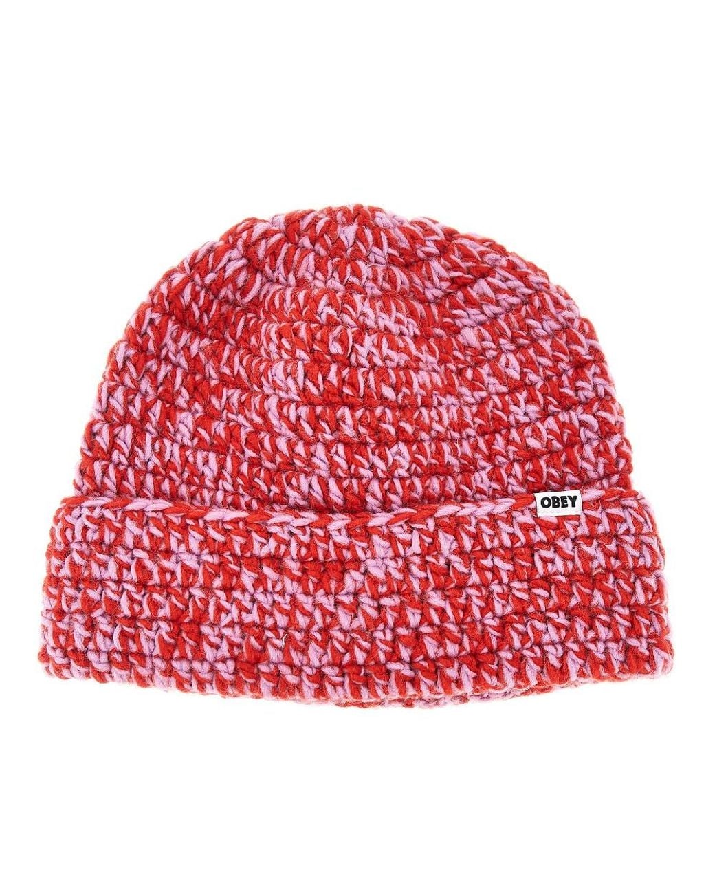 Obey Red Desmond Crochet Beanie Hat for men