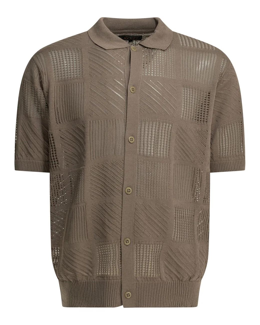 Beams Plus Brown Cotton Nylon Spandex Textured Knit Button-Down Polo Shirt for men