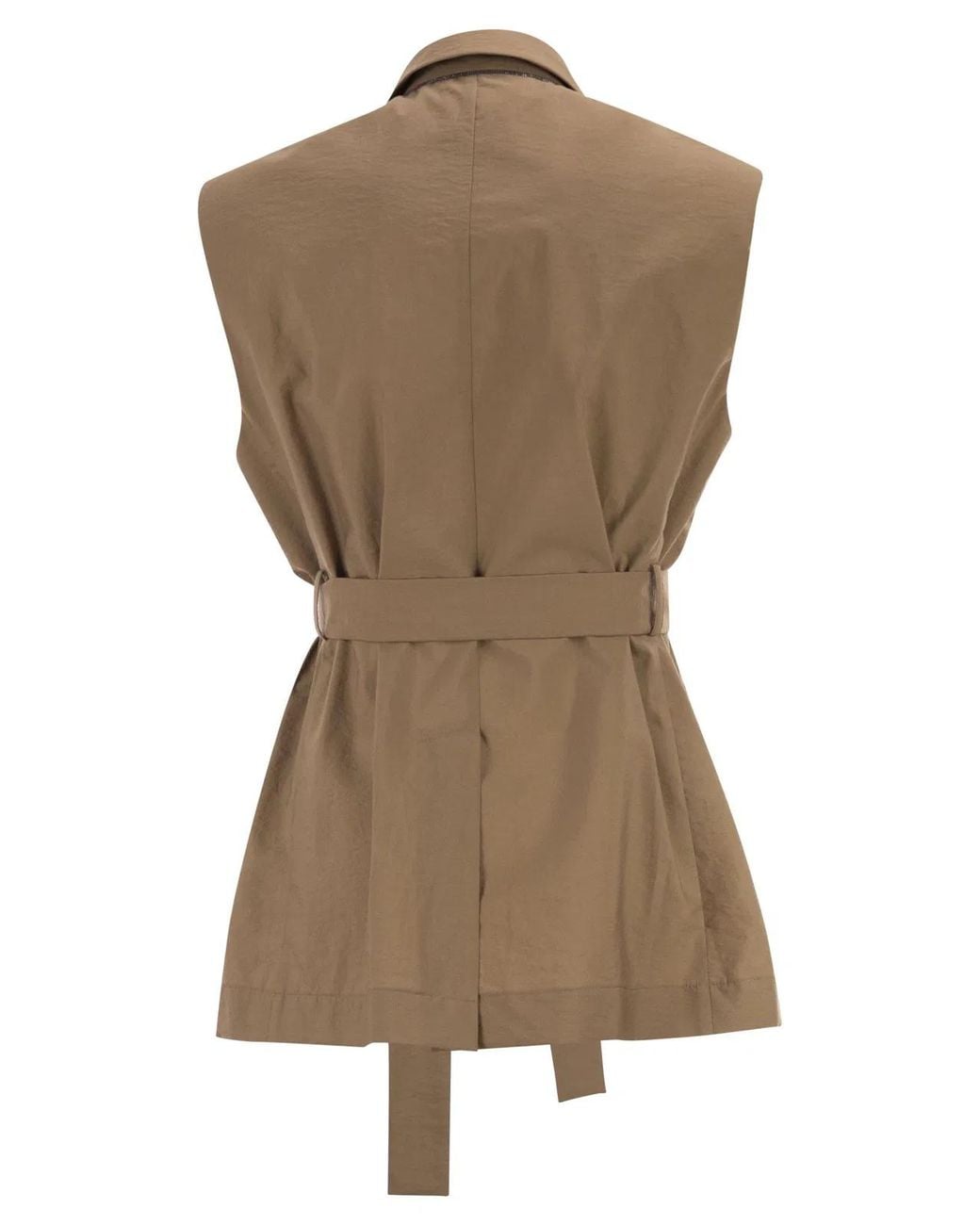 Brunello Cucinelli Brown Techno Cotton Poplin Waistcoat With Belt And Pendant