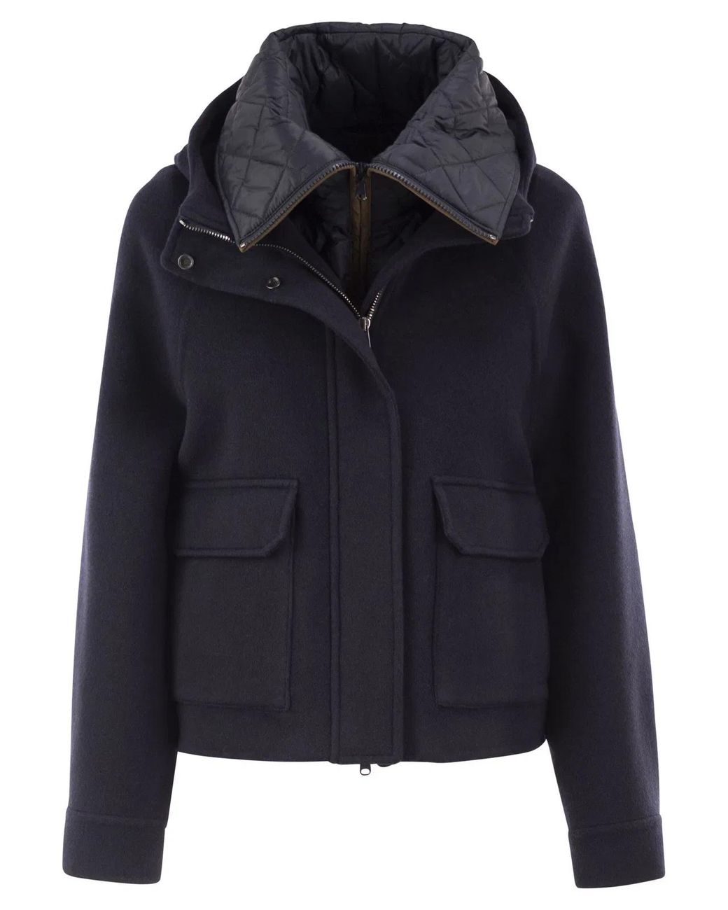 Brunello Cucinelli Blue Wool And Cashmere Hooded Jacket With Detachable Quilted Bib